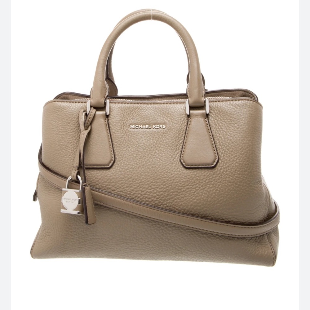 MICHAEL KORS Cream Pebbled Leather Satchel with Logo Lock Charm